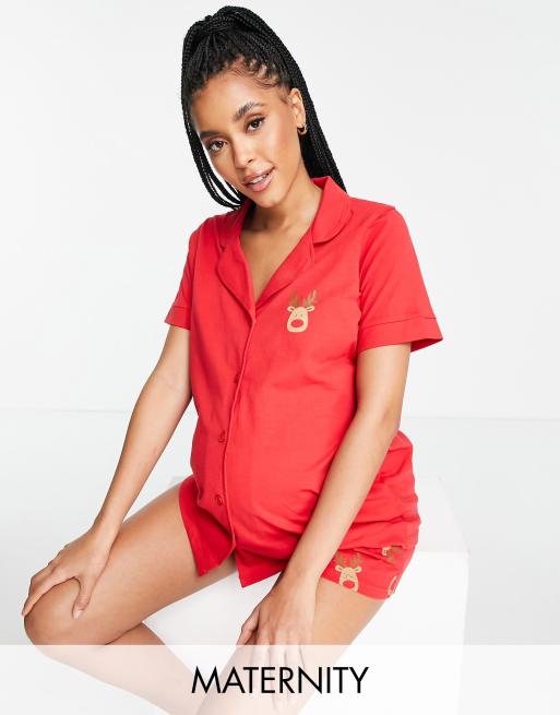 Threadbare Maternity christmas rudolph short button through pyjama set in red