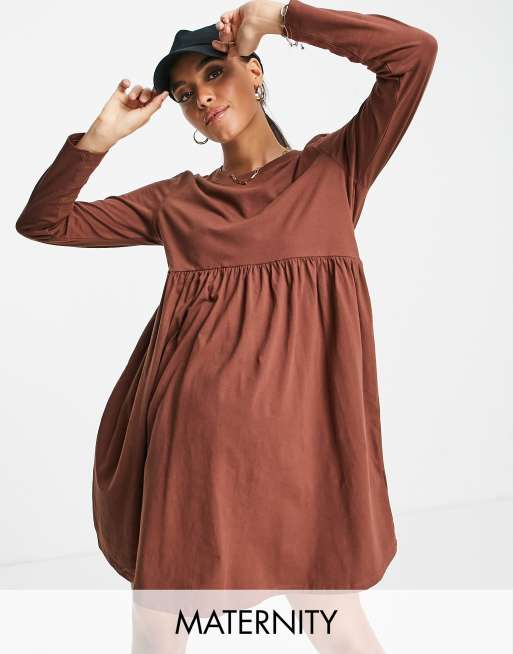 Threadbare Maternity long sleeve smock dress in brown