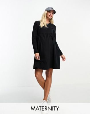 Threadbare Maternity long sleeve smock mini dress in black - ASOS Price Checker