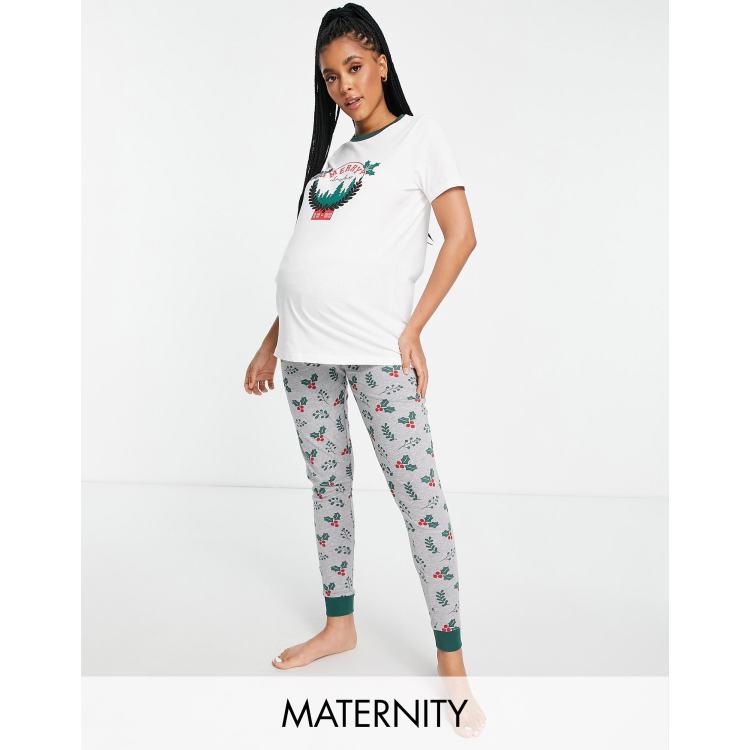 Threadbare Maternity merry christmas varsity long pajamas in gray and white