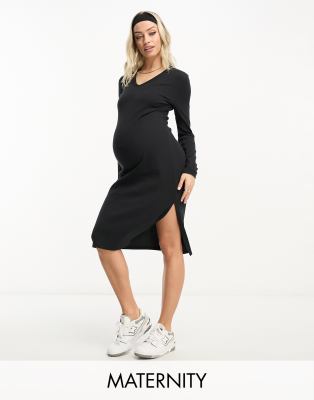 Threadbare Maternity - Midikleid in Schwarz mit V-Ausschnitt und Seitenschlitz-Black