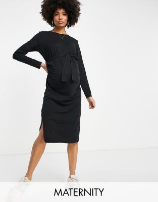 Threadbare Maternity Tie Belt Long Sleeve Midi Dress In Black