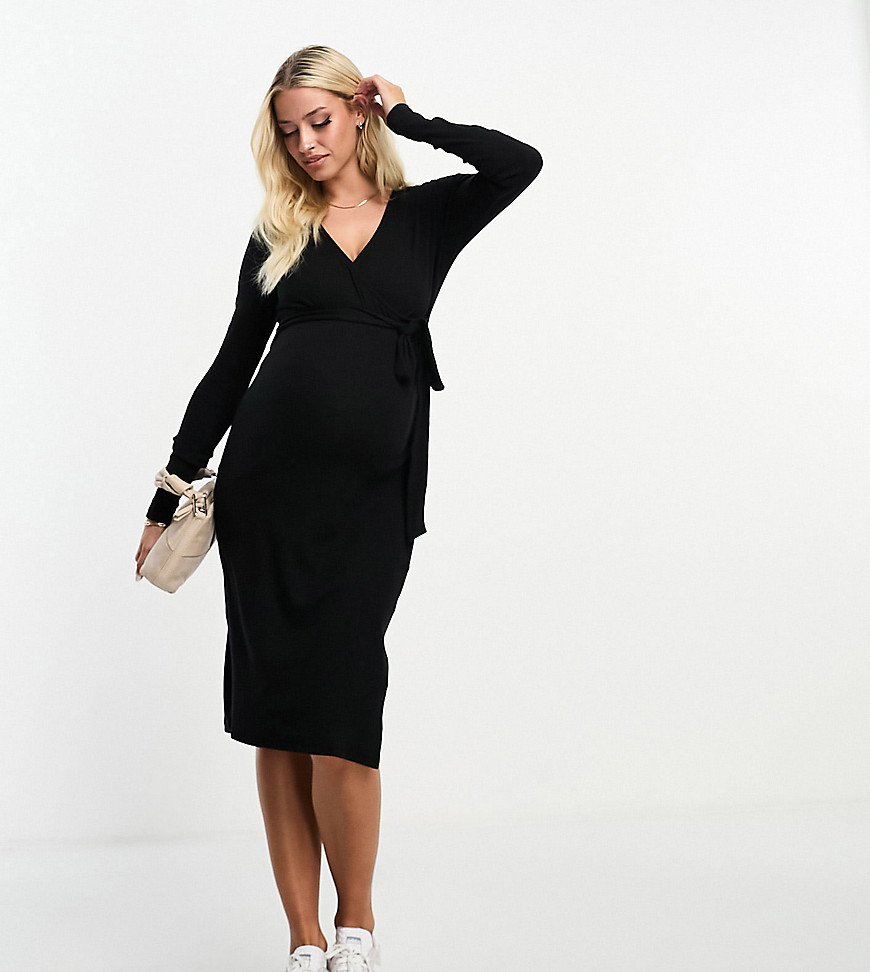 Threadbare Maternity tie waist midi dress in black