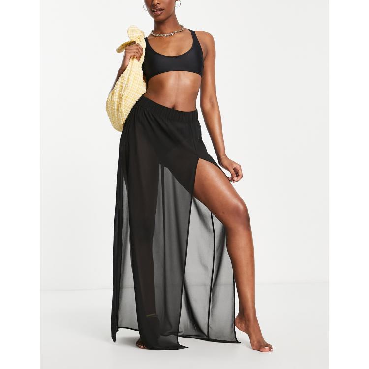 ASOS DESIGN Textured Split Front Beach Maxi Skirt In Black