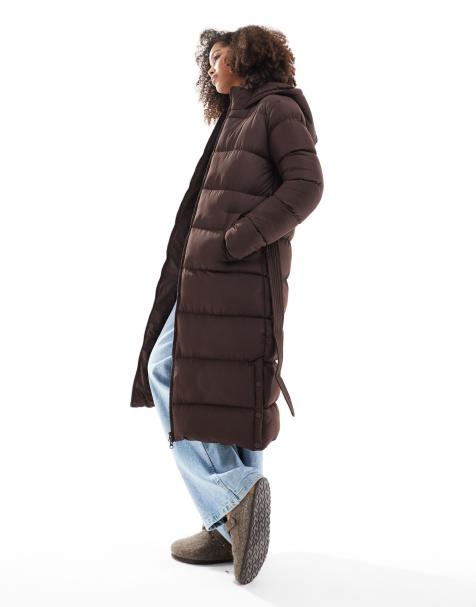 Threadbare maxi belted puffer coat in brown - view 1