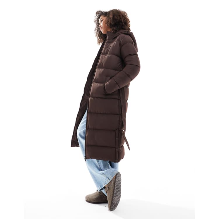 Threadbare maxi belted puffer coat in brown ASOS