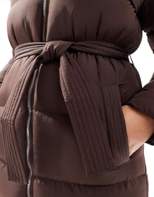 Threadbare maxi belted puffer coat in brown, 4 of 4