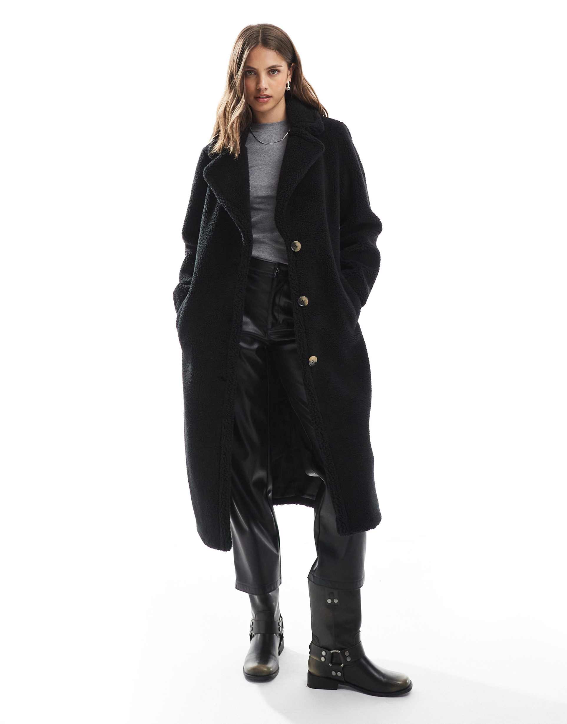 threadbare maxi borg coat in black