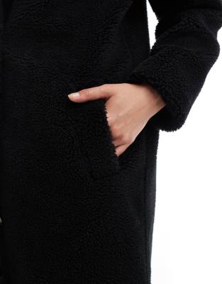 Threadbare Maxi Borg Coat In Black