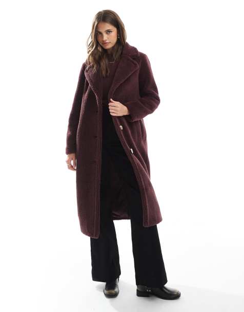 Threadbare maxi borg coat in burgundy - view 1