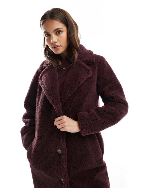 Threadbare maxi borg coat in burgundy