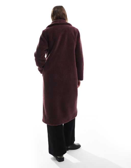 Threadbare maxi borg coat in burgundy