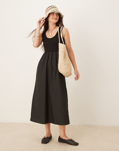 Threadbare - Maxi jurk met lage ronde hals en popeline rok in zwart - view 1