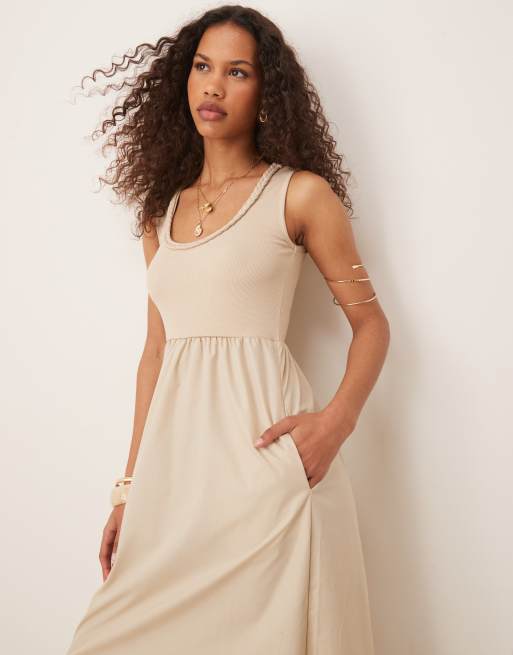 Threadbare - Maxi jurk met lage ronde hals in taupe, 4 van 4