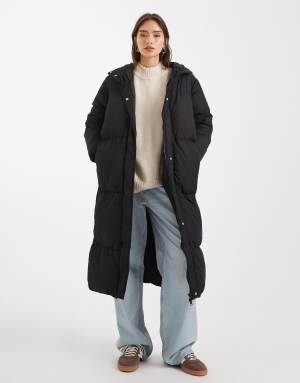 Threadbare maxi puffer coat with hood in black