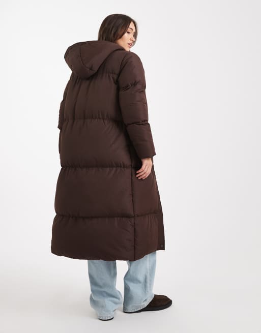 Threadbare maxi puffer coat with hood in brown