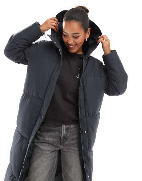 Threadbare maxi puffer coat with hood in charcoal gray - view 1