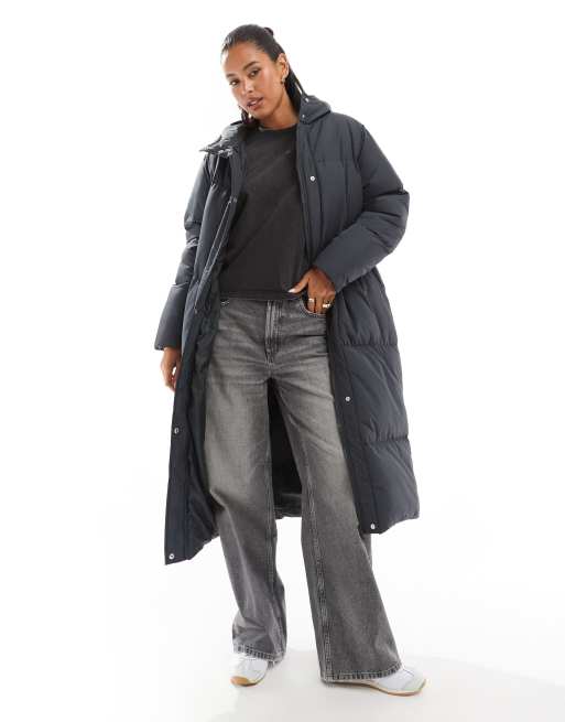 Threadbare maxi puffer coat with hood in charcoal gray