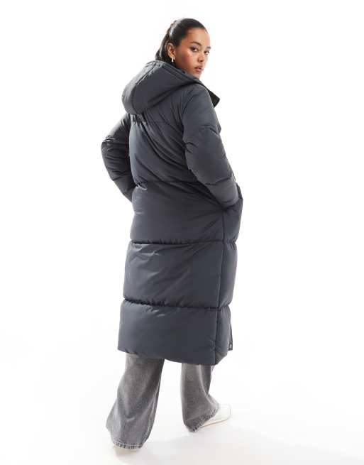 Threadbare maxi puffer coat with hood in charcoal gray