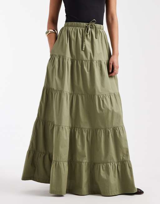 Threadbare - Maxi rok van popeline met stroken in olijfgroen, 2 van 5