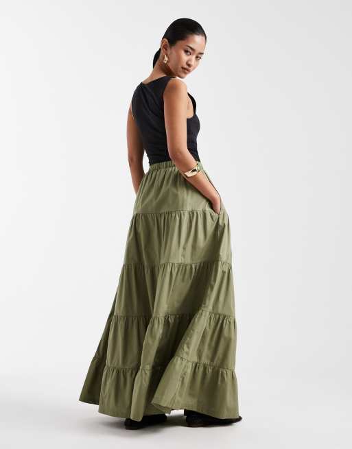 Threadbare - Maxi rok van popeline met stroken in olijfgroen, 4 van 5