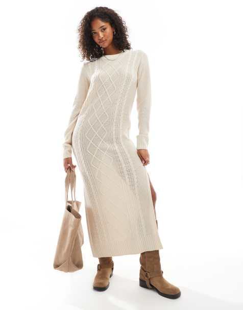 Threadbare – Maxi-Strickkleid in Cremeweiß mit Zopfmuster - view 1