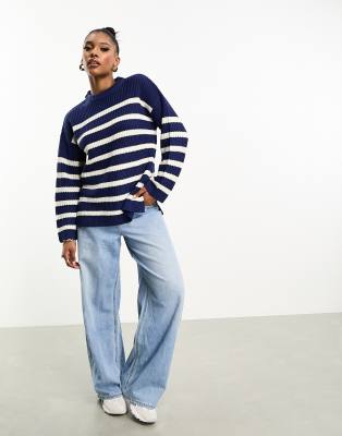 Threadbare - Maya - Oversize-Pullover in gestreiftem Marineblau mit Rundhalsausschnitt