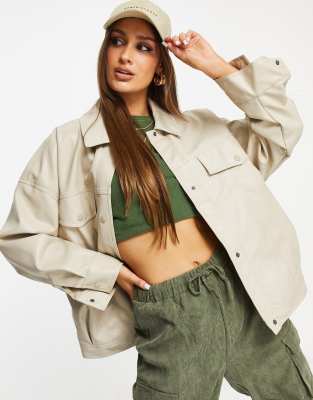 Threadbare Maya PU trucker jacket in cream | ASOS