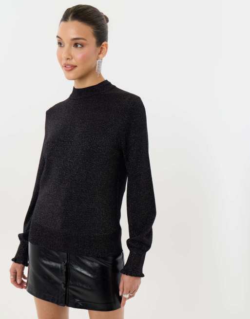 Threadbare Metallic funnel neck ruffle jumper in black, 2 of 4