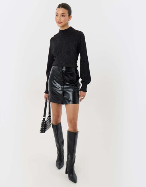 Threadbare Metallic funnel neck ruffle jumper in black, 3 of 4