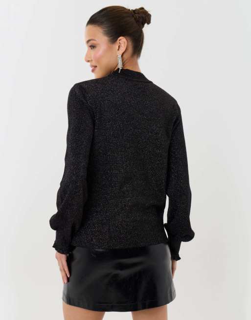 Threadbare Metallic funnel neck ruffle jumper in black, 4 of 4