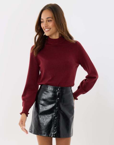 Threadbare Metallic funnel neck ruffle jumper in burgundy - view 1