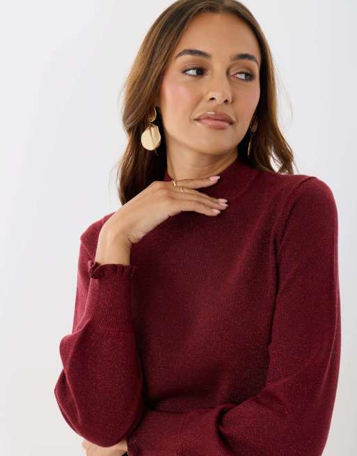 Threadbare Metallic funnel neck ruffle jumper in burgundy, 3 of 4