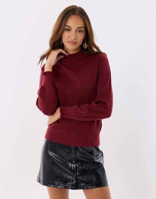 Threadbare Metallic funnel neck ruffle jumper in burgundy, 4 of 4
