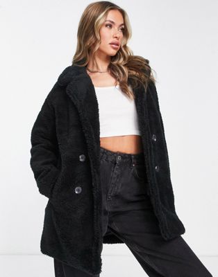 Threadbare mid length borg coat in black