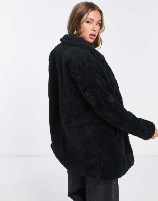 Threadbare mid length borg coat in black