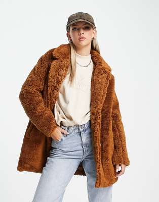 Threadbare mid length borg coat in tan-Brown