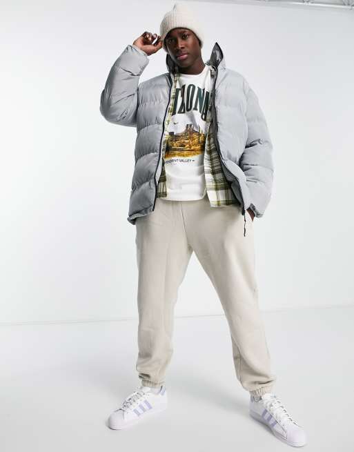 Threadbare mid length funnel neck puffer jacket in silver grey