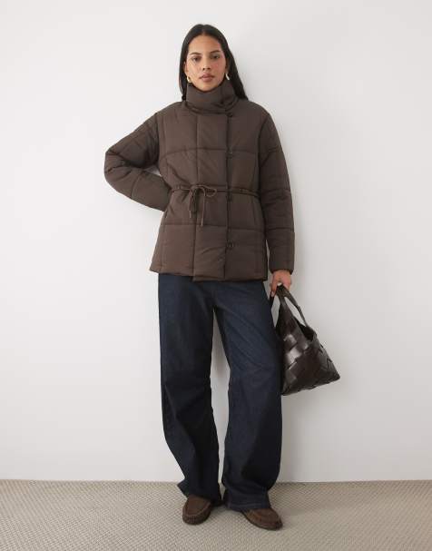 Threadbare mid length puffer coat with funnel neck and tie waist detail in chocolate brown - view 1