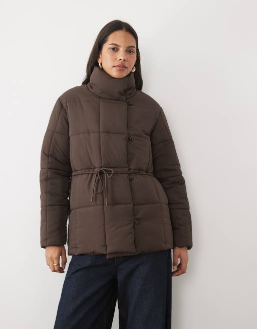 Threadbare mid length puffer coat with funnel neck and tie waist detail in chocolate brown, 2 of 4