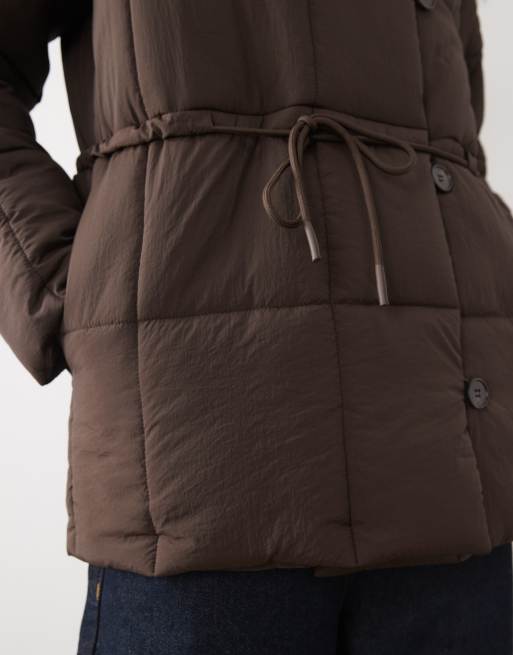 Threadbare mid length puffer coat with funnel neck and tie waist detail in chocolate brown, 3 of 4