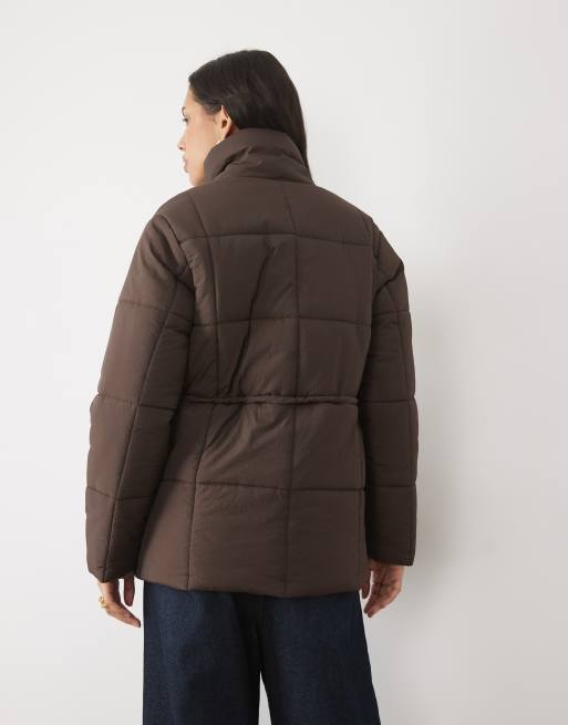 Threadbare mid length puffer coat with funnel neck and tie waist detail in chocolate brown, 4 of 4