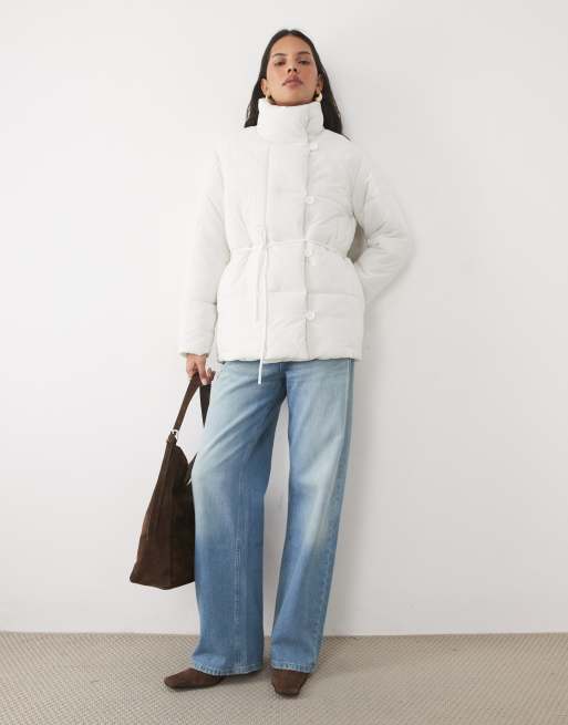 Threadbare mid length puffer coat with funnel neck and tie waist detail in cream, 2 of 4