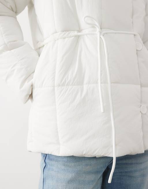 Threadbare mid length puffer coat with funnel neck and tie waist detail in cream, 3 of 4