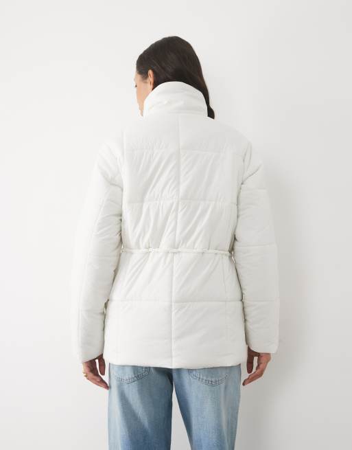 Threadbare mid length puffer coat with funnel neck and tie waist detail in cream, 4 of 4