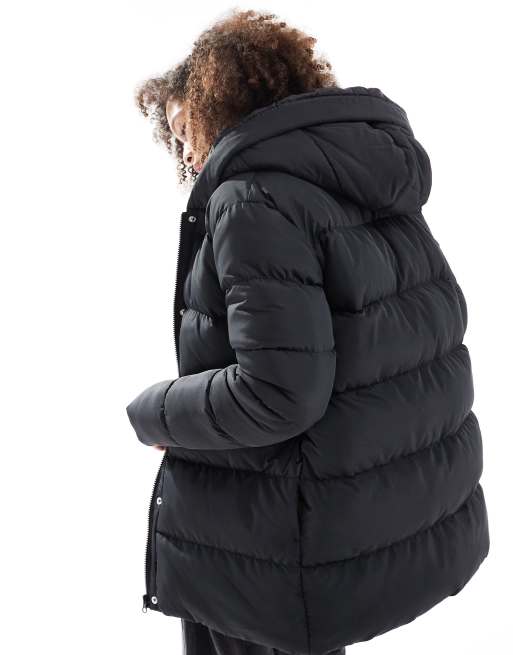 Mid length puffer jacket with hood sale