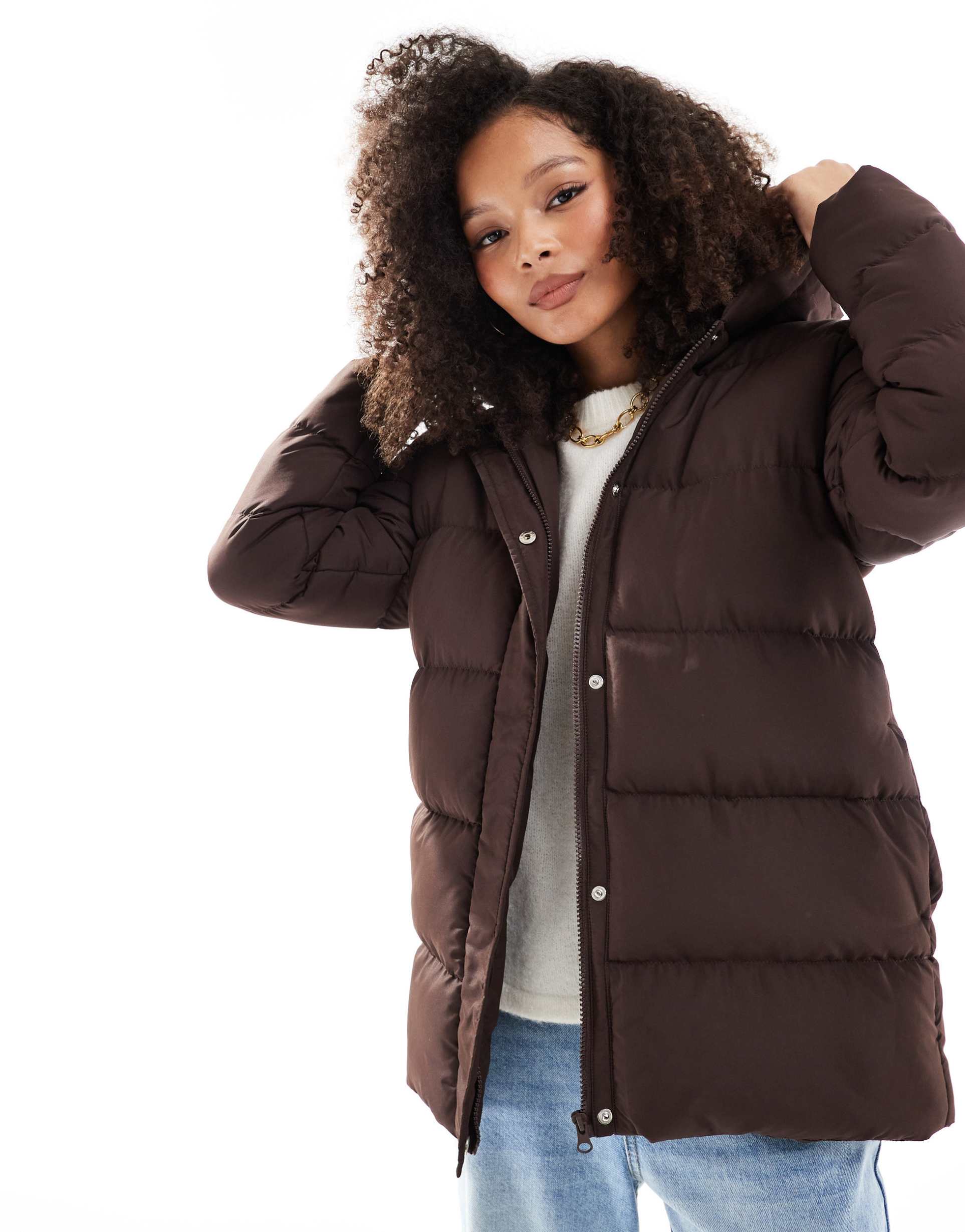 threadbare mid length puffer jacket in brown