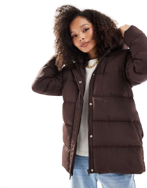 Threadbare mid length puffer jacket in brown ASOS