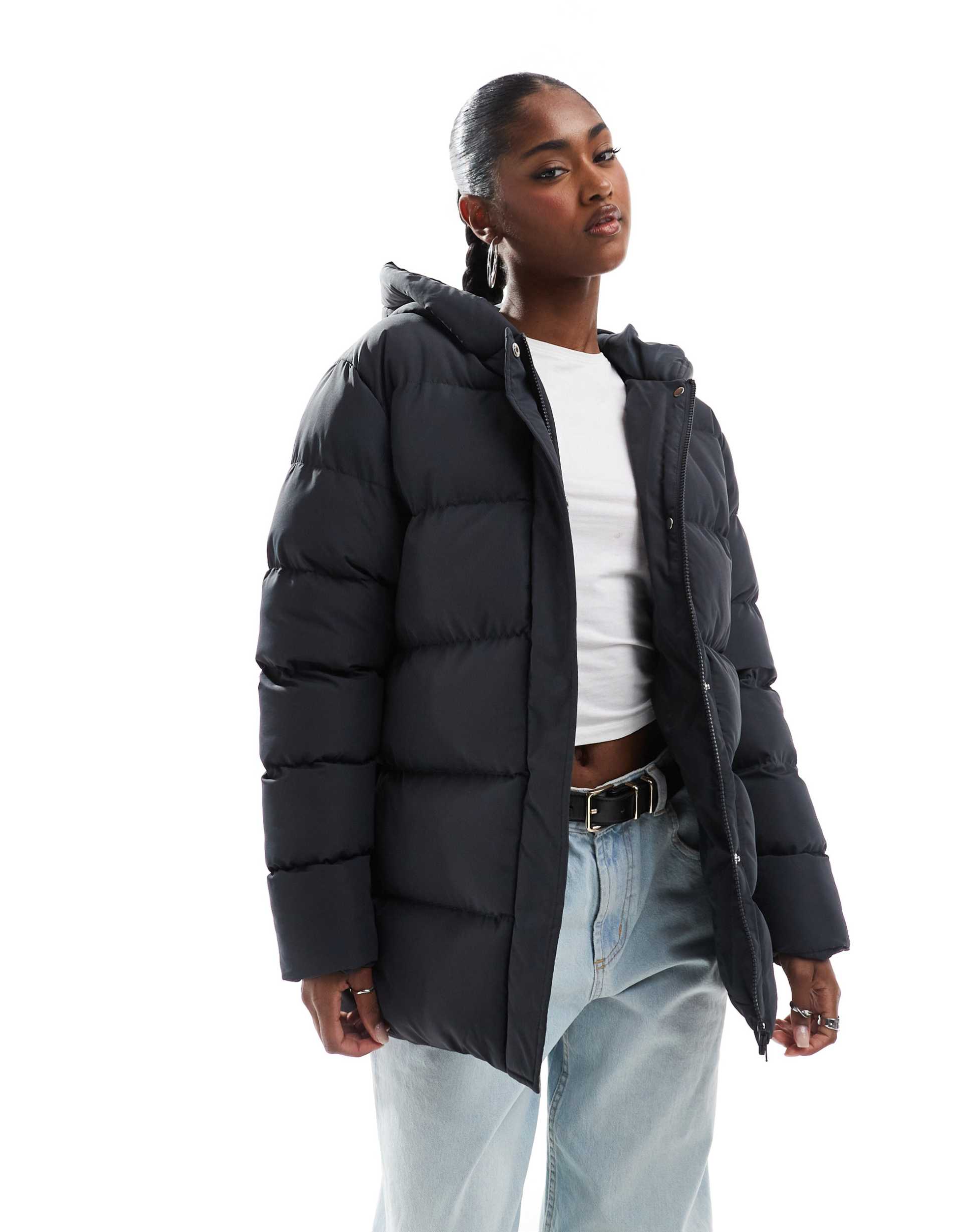 threadbare mid length puffer jacket in charcoal