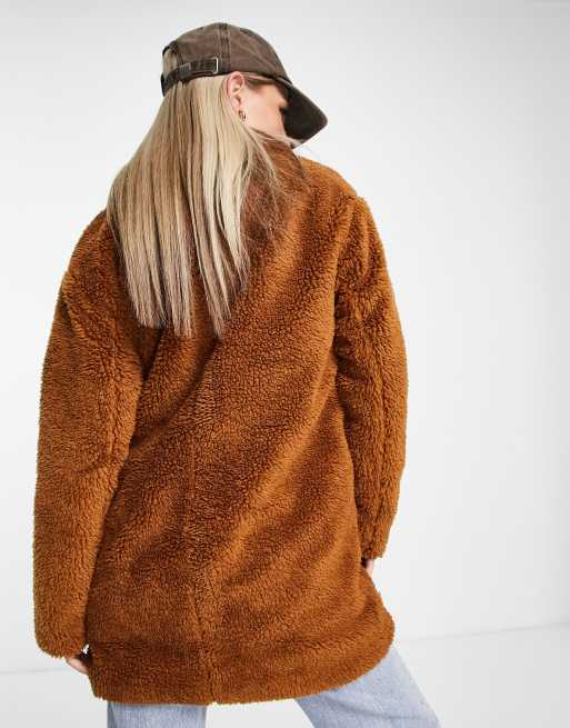 Threadbare mid length teddy coat in tan